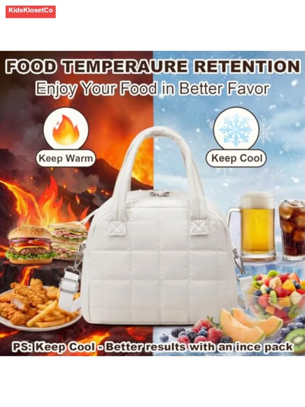 Quilted Insulated Lunch Bag Water-Resistant Puffy Tote Adjustable Strap